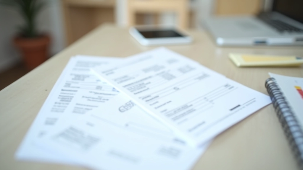 Quittungen und Rechnungen sortiert auf Schreibtisch mit Notizbuch für Werbungskosten