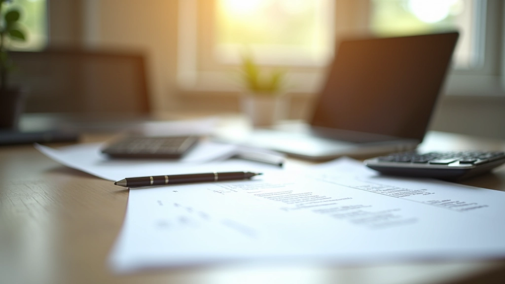 Schreibtisch mit Laptop, Taschenrechner und Steuerdokumenten in modernem Home-Office-Setup