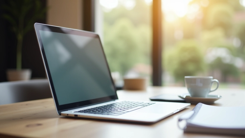 Laptop auf Schreibtisch mit Kaffeetasse und Notizen für Homeoffice-Arbeit