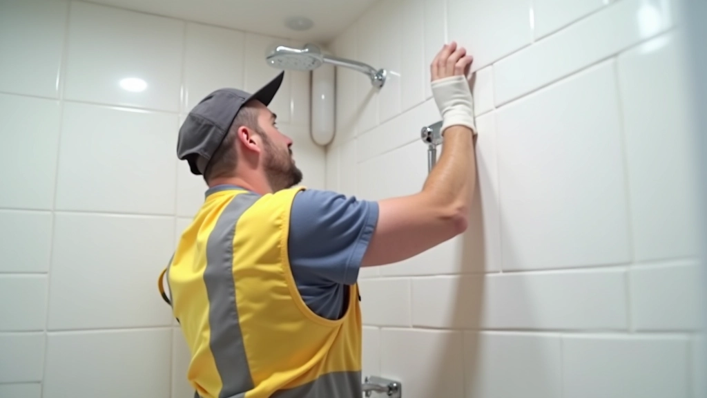 Handwerker führt Reparaturarbeiten in modernem Badezimmer durch, Installation neuer Armaturen