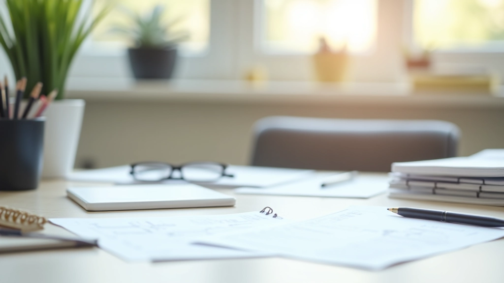 Büromaterialien auf Schreibtisch, Stifte in Becher, Notizbücher und Ordner arrangiert
