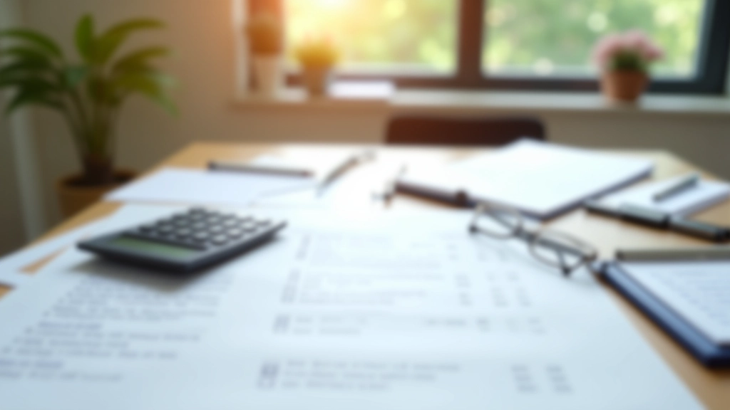 Schreibtisch mit Taschenrechner, Steuerdokumenten und Stift in organisierter Anordnung