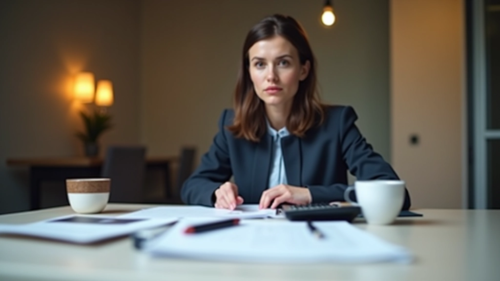 Person am Schreibtisch mit Steuerdokumenten, Taschenrechner und Kaffeetasse, konzentriert bei der Steuererklärung