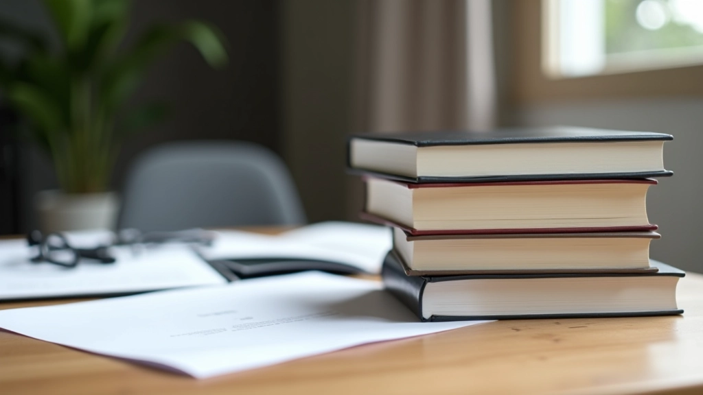 Stapel von Fachbüchern und Online-Kurszertifikate auf Schreibtisch